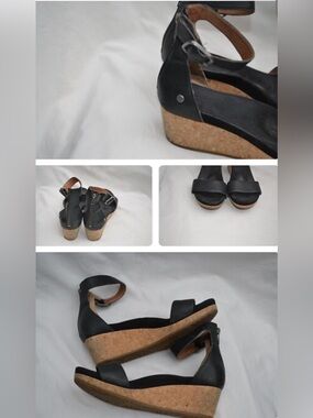UGG Black Leather Cork Wedge Sandals with Ankle Strap